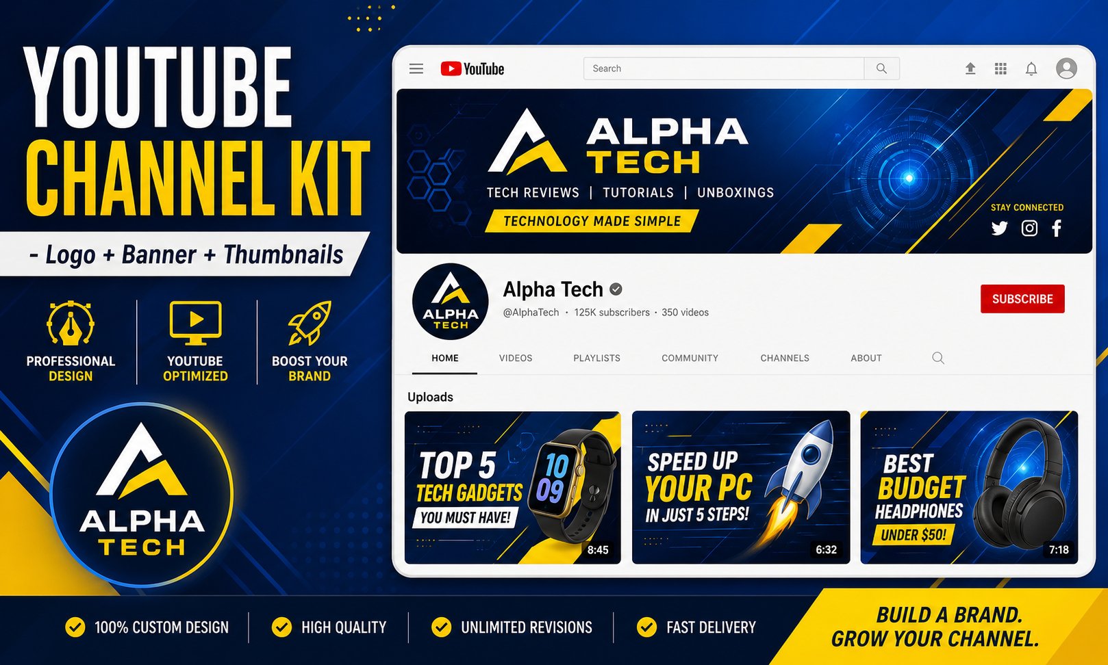 Full YouTube channel branding kit by Alpha Tech