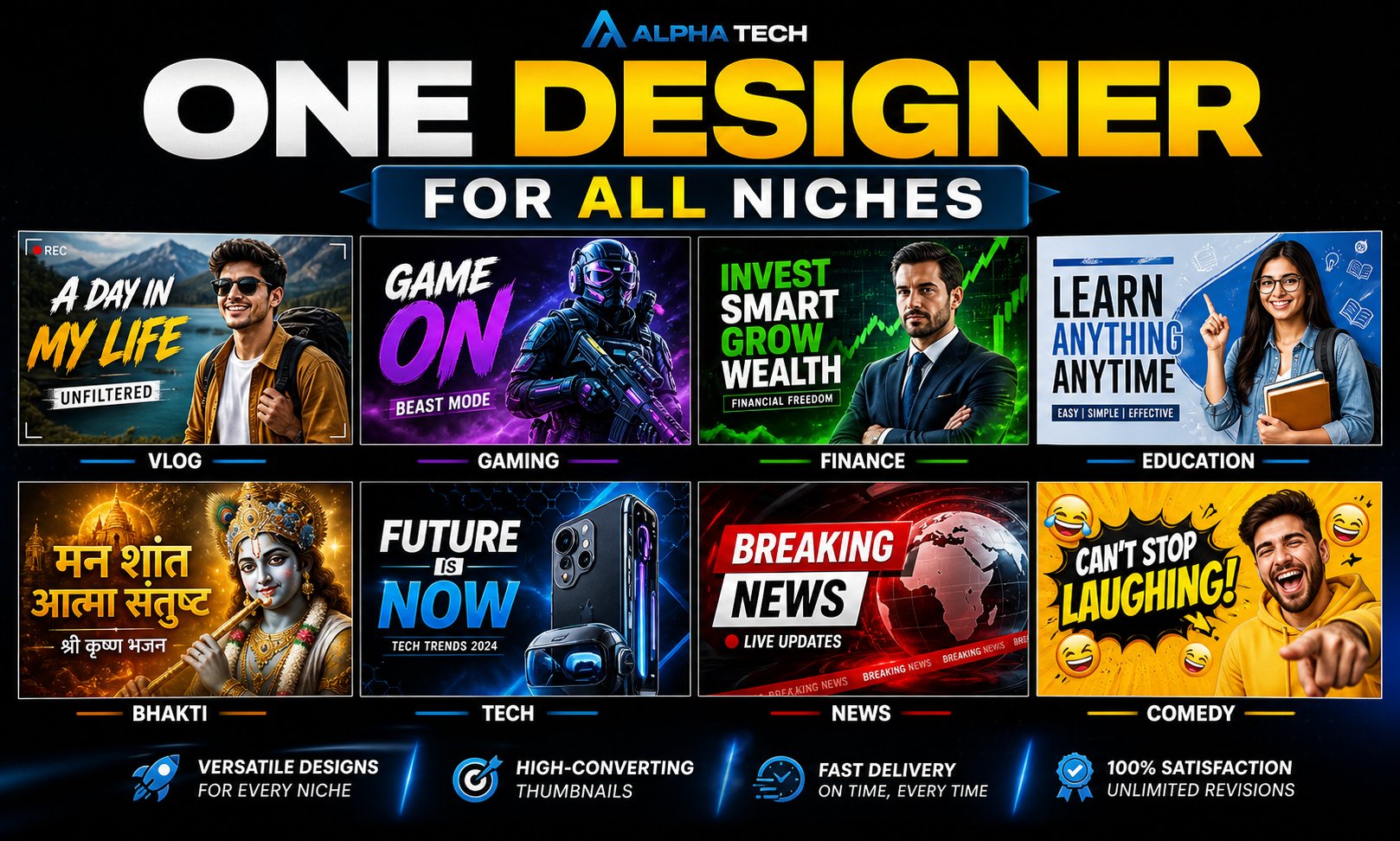 All niche thumbnails including Hindi Bhakti by Alpha Tech